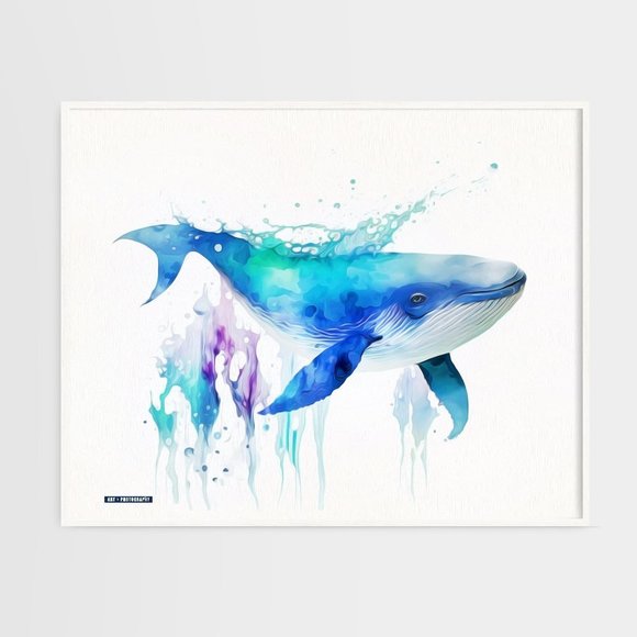 Blue Whale Watercolor Oil Painting Wall Art Print - Picture 3 of 7